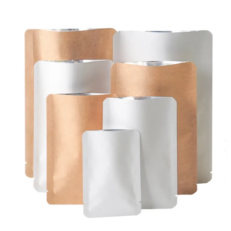 Thick Kraft Paper Open Top Package Bags Food Powder Liquid Flat Aluminum Foil Inner Heat Sealable Kraft Packaging Pouch