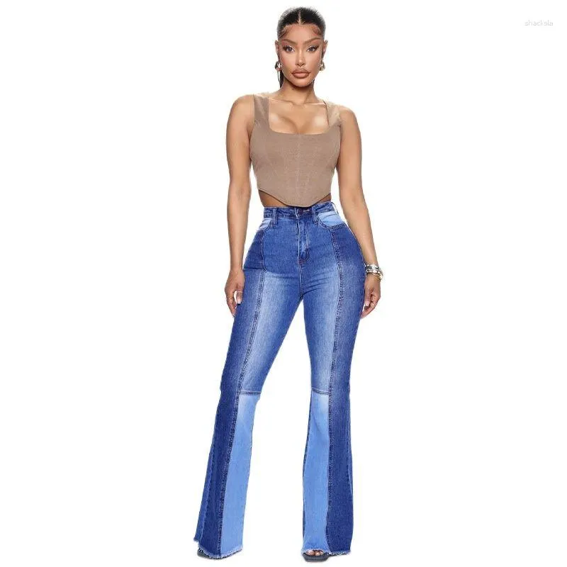 Jeans da donna 2023 Vita alta Boot Cut per le donne Moda Stretch Due colori Cuciture Denim Pantaloni svasati Pantaloni femminili casuali