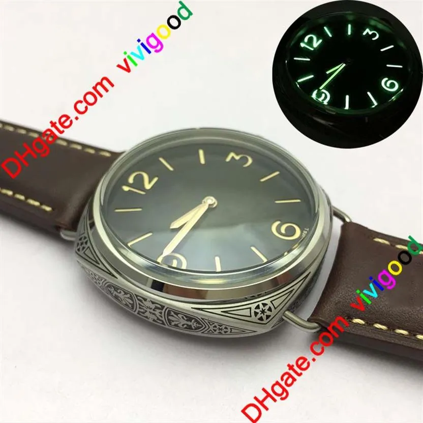 Reloj para hombre de edición limitada con grabado superior, reloj mecánico con correa de cuero marrón Pam de cuerda manual, reloj de acero inoxidable de 47mm para hombre 232C