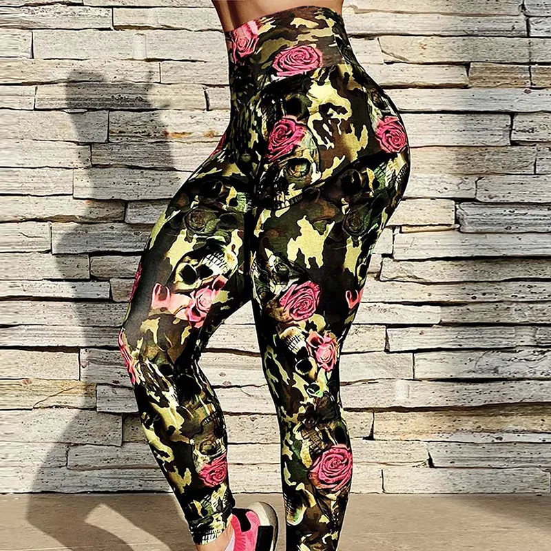 Mode nieuw ontwerp Rose Flower Skull bedrukte leggings dames broek hoge taille panty elastische sport jeggings
