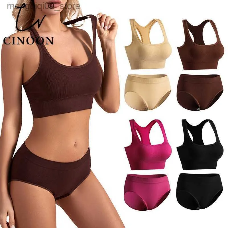 Ensembles de soutiens-gorge CINOON sans couture hauts ensemble Sexy taille basse culottes femmes sous-vêtements sans armature costume rembourré soutiens-gorge ensemble dos nu belle dos Lingerie Q230922