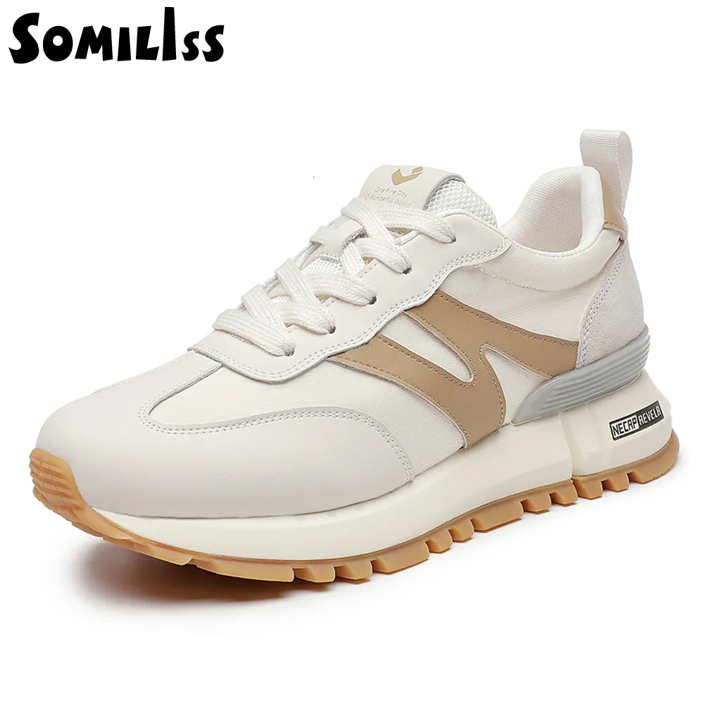 SOMILISS Genuine Dress Women Lace Up Round Toe Suede Leather Patchwork Ladies Casual Sneakers Designer Brand Shoes