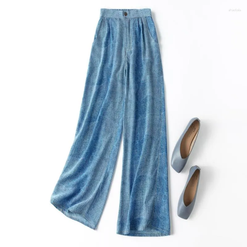 Kvinnor Pants Women Mulberry Crepe Silk 16 Momme Blue Jeans Printed Pocket Wide Leg Fashion Long Trousers Elastic midja MM858