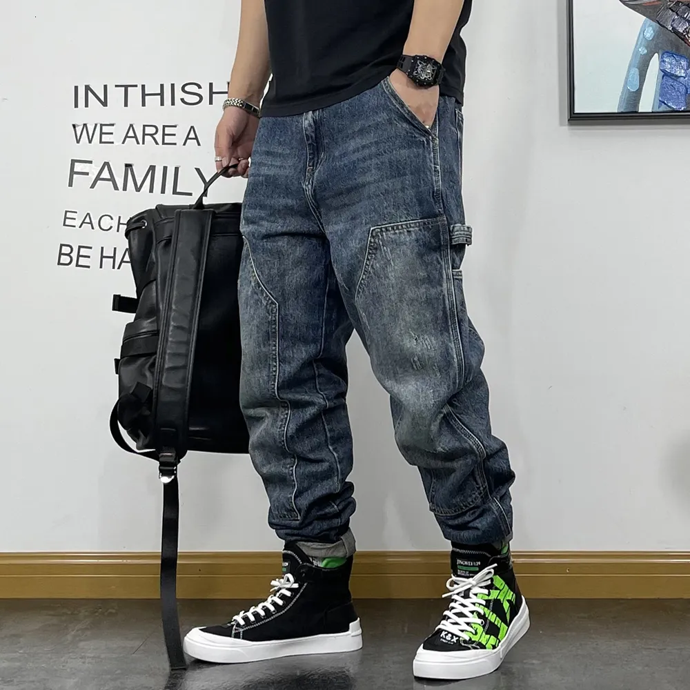 Japanese Style Men Jeans Vintage Loose Denim Cargo Pants Streetwear Hip Hop  Harem Jeans Men Sky Blue 33 at  Men's Clothing store