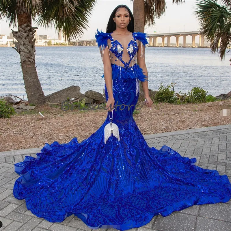 Gorgeous Royal Blue Feather Prom Dress With Rhinestone 2024 Elegant Mermaid Black Girls Evening Gowns Sequin Luxury Birthday Vestidos De Noche Robes De Soiree Chic