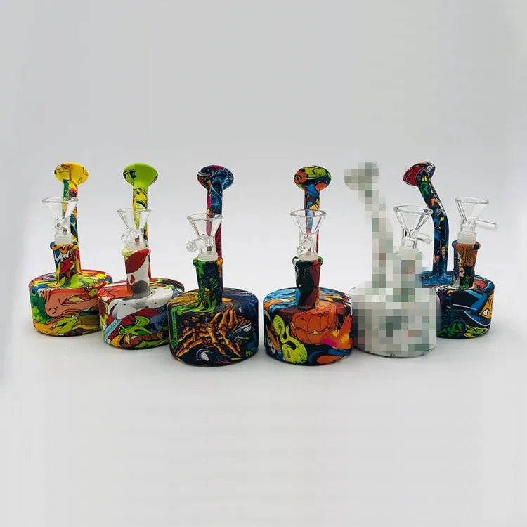 Colorful Pattern Silicone Bong Pipes Kit Waterpipe Glass Filter Handle Funnel Bowl Herb Tobacco Cigarette Holder Portable Desktop Smoking Bubbler Handpipes DHL