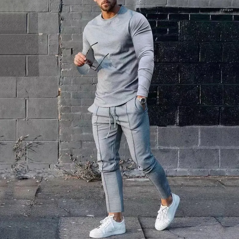 Tracksuits masculinos casual conjunto de duas peças masculino esporte terno cor sólida manga longa camiseta e calças define moda hip hop streetwear