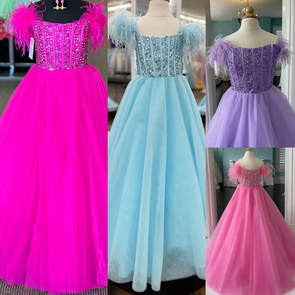 Fliederfarbenes Kinder-Festzugkleid für kleine Mädchen 2024 mit Federschultern, für Preteen, Kleinkind, Geburtstag, formelles Cocktailpartykleid, Kleinkind, Teenager, junge Junioren, Fräulein Pink