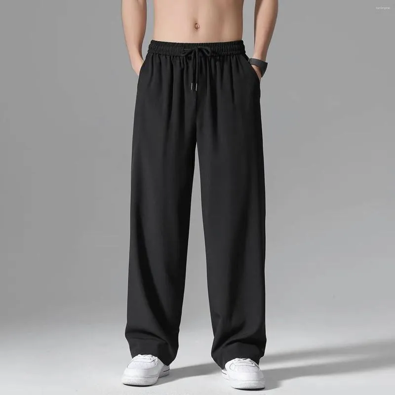 Men's Pants Men Ice Silk Solid Color Elastic High Waist Trousers Wide Leg Straight Outdoor Sports Fitness Gym Jogging