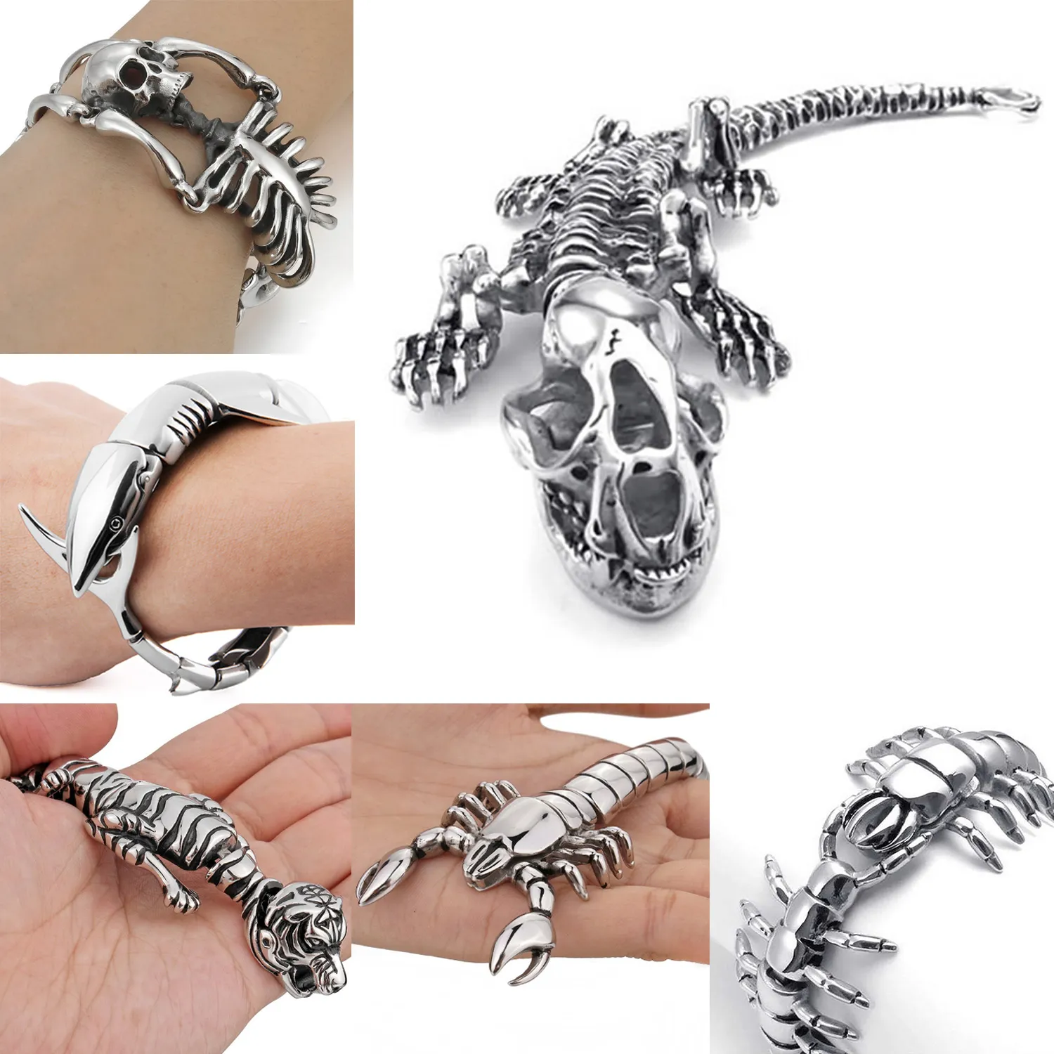 Bracelet en acier inoxydable pour hommes lourds, squelette de dinosaure, crâne, Scorpion, tigre, mille-pattes, requin, chaîne