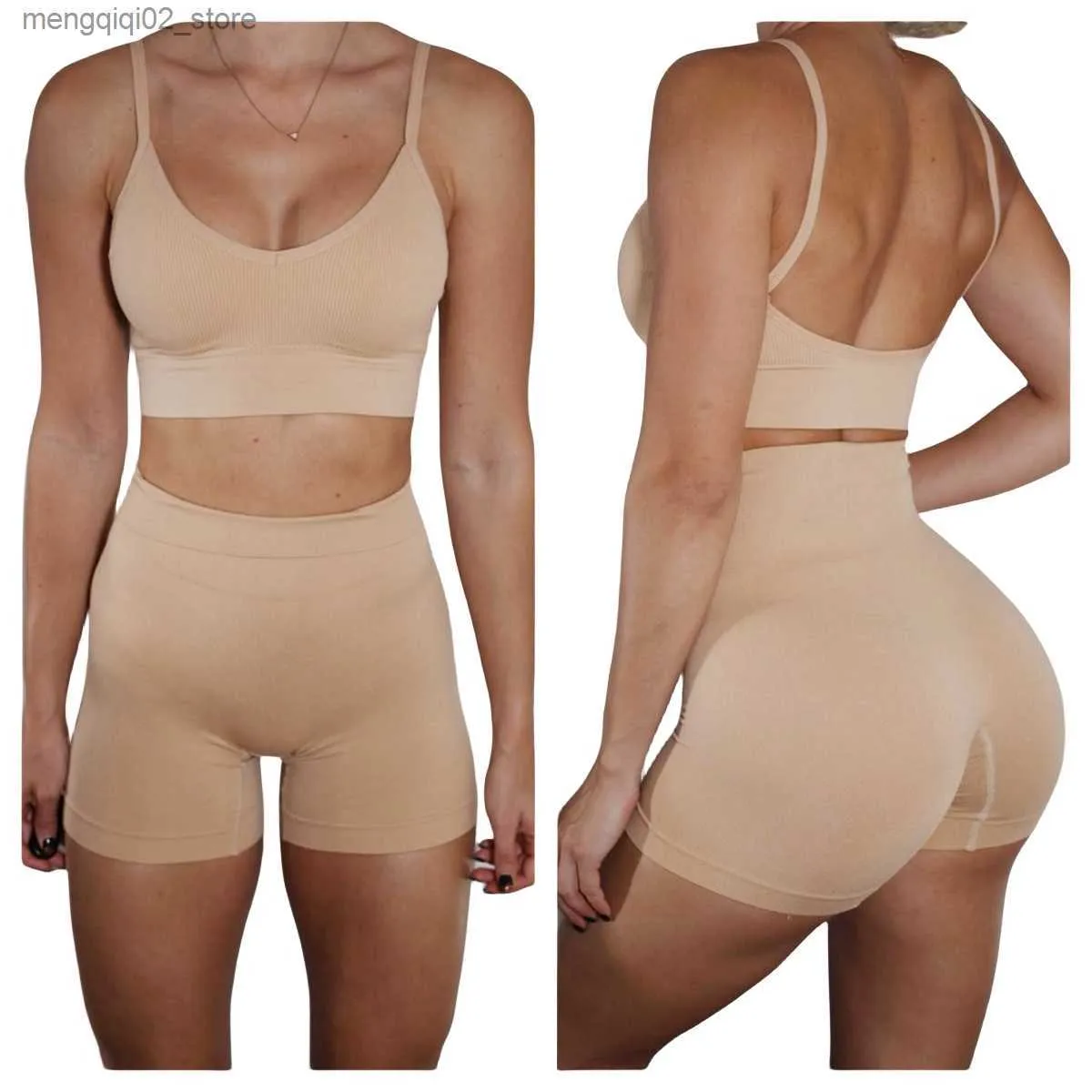 Bh's Sets Naadloze bh-pantyset voor dames Sportshorts met hoge taille Vrouwelijk ondergoed Set Comfort Geribbelde Fitness BH-top Sportkleding Crop Top Q230922