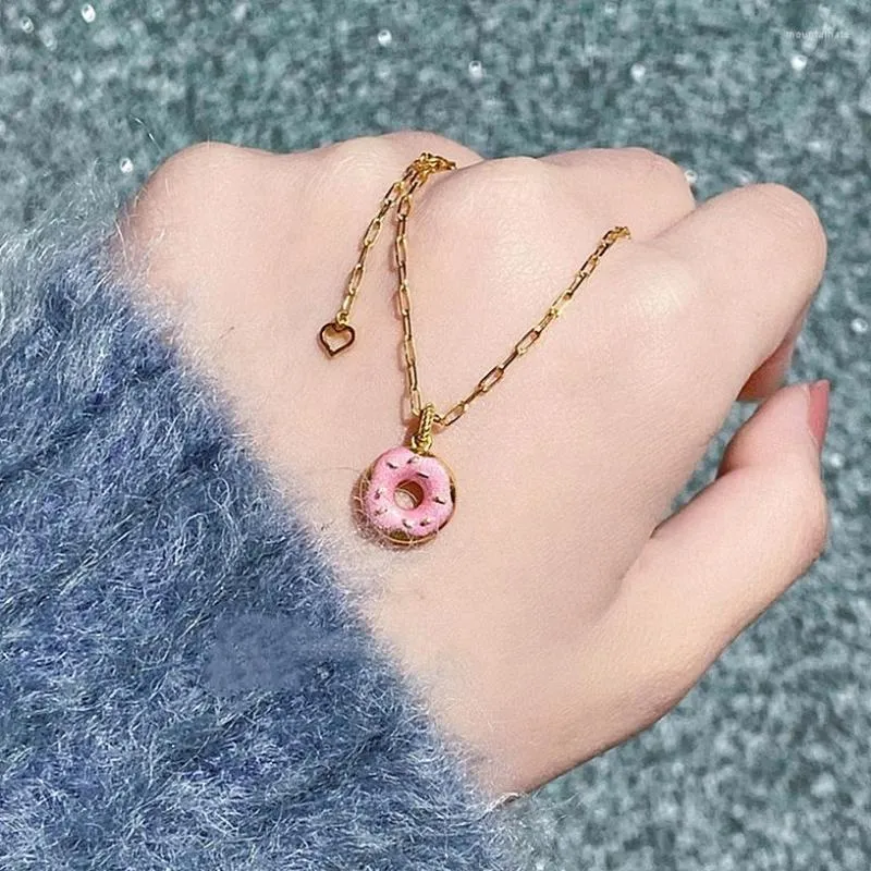 Ketten Rosa Mädchen Herz Donut Anhänger Halskette S925 Sterling Silber Überzogene Gold Crowd Design Kreative Niedliche Kragen Kette