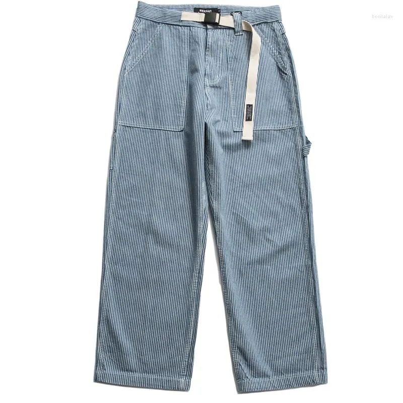 Men's Jeans American Light Blue Wash Stripe Work Clothes Loose Straight Youth Wide Leg Denim Pants Multi Pocket Casual Trousers