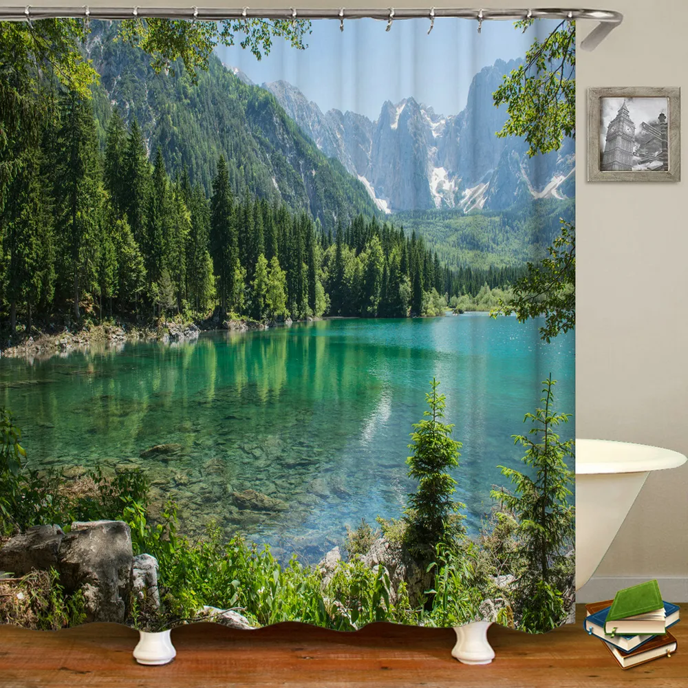 Rideaux de douche Forêt paysage naturel rideau de douche plante verte arbre paysage 3D impression salle de bain rideaux imperméable Polyester décor à la maison 230922