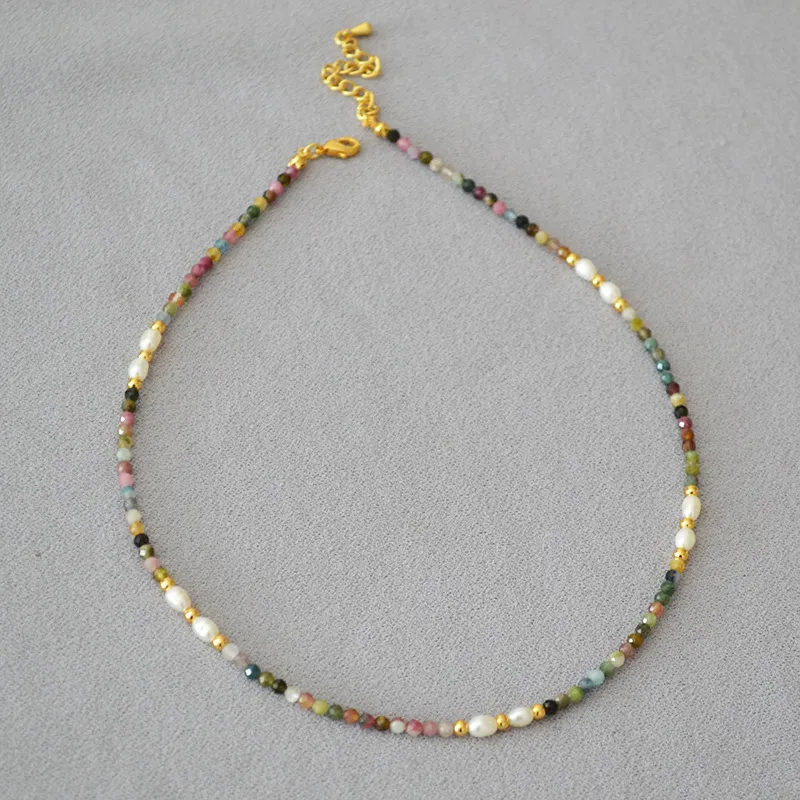 4mm retro color tourmaline white freshwater rice pearl beads simple versatile necklace clavicle chain female 40cm