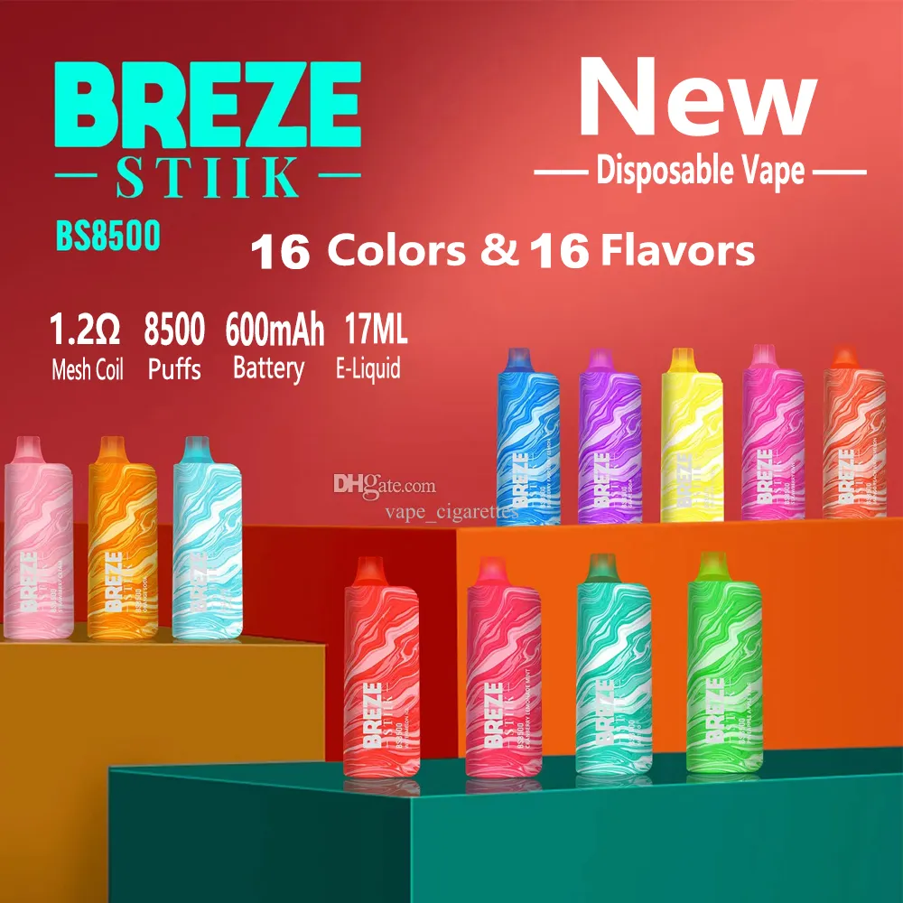 Novo vape descartável Breze Stiik BS 8500 Puffs Vape Disponível Puff E Malha de cigarro Bobina 17ml POD 2% 16 Favores Vapes Recarregável Disponível Big Vapor Pen