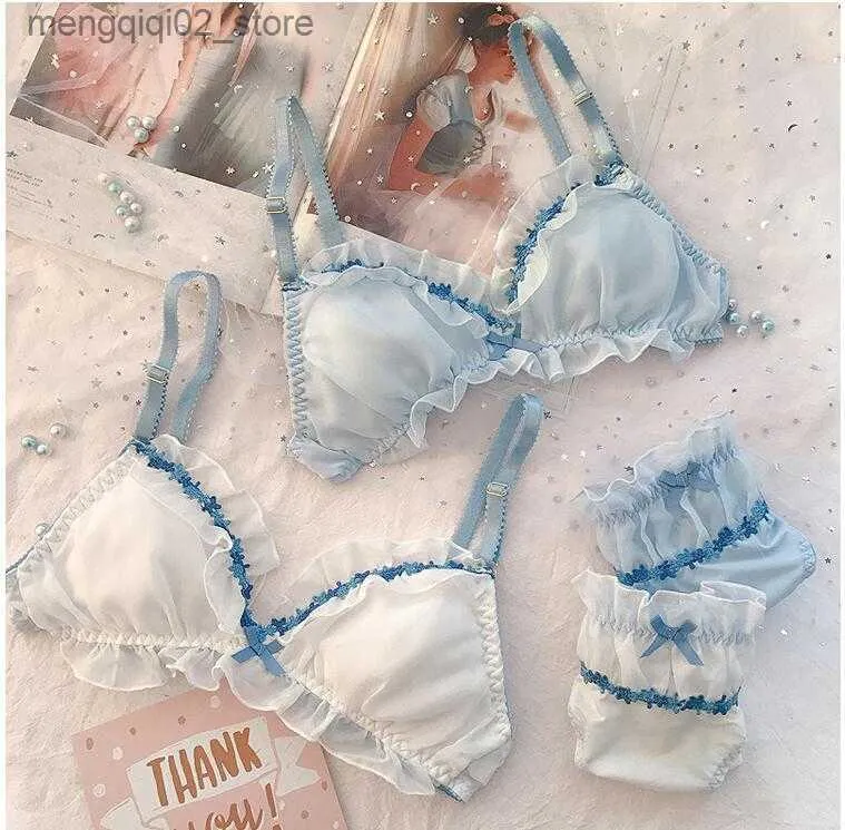 BHs Sets Japanische süße Dessous Sexy Lolita Ultradünner BH und Höschenset Rüschen Drahtfrei Ultradünner BH Tanga für junge Mädchen Unterwäsche Q230922