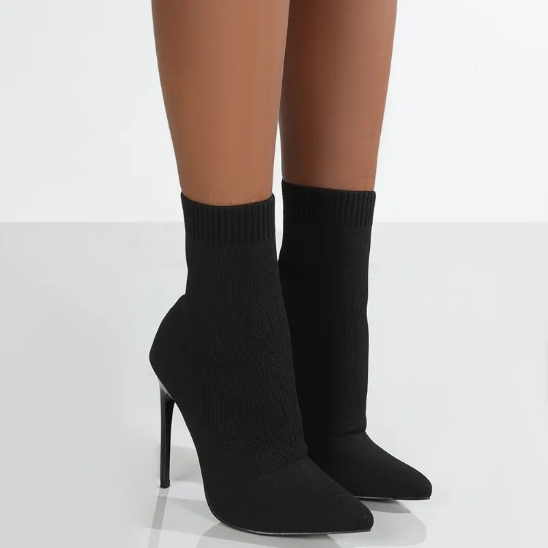 Bottes nouvelles femmes chaussettes chaussures tissu extensible cheville bout pointu talons hauts sans lacet chaussette sexy talon Chelsea taille 36 ~ 43 230922