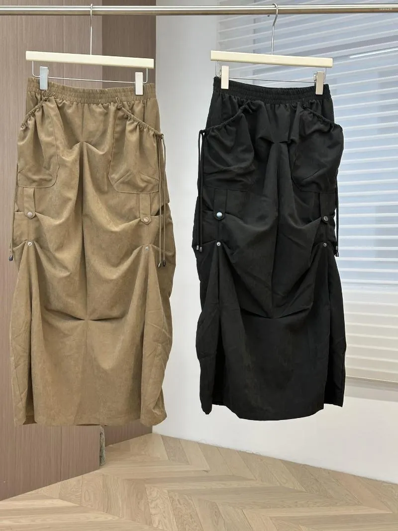 Skirts 2023 Autumn/Winter Button Adjusted Fold Elastic Waist H-shaped Workwear Style Suede Half Skirt Woman Midi Dress