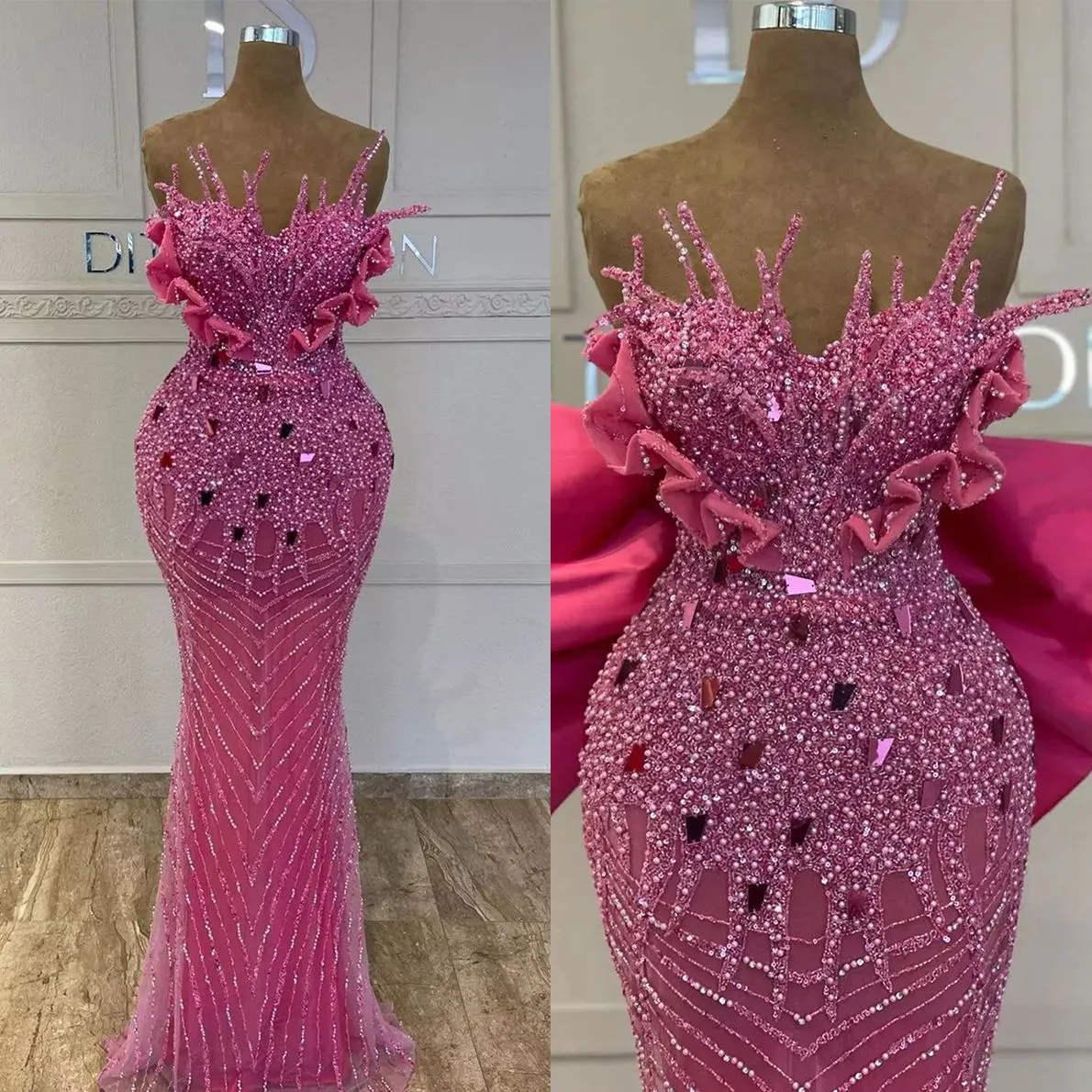 Sexy Strapless Mermaid Prom Dresses For Women Sexy Sleeveless Pearls Sequins Evening Dress Custom Made Bow Tie Robe De Soiree