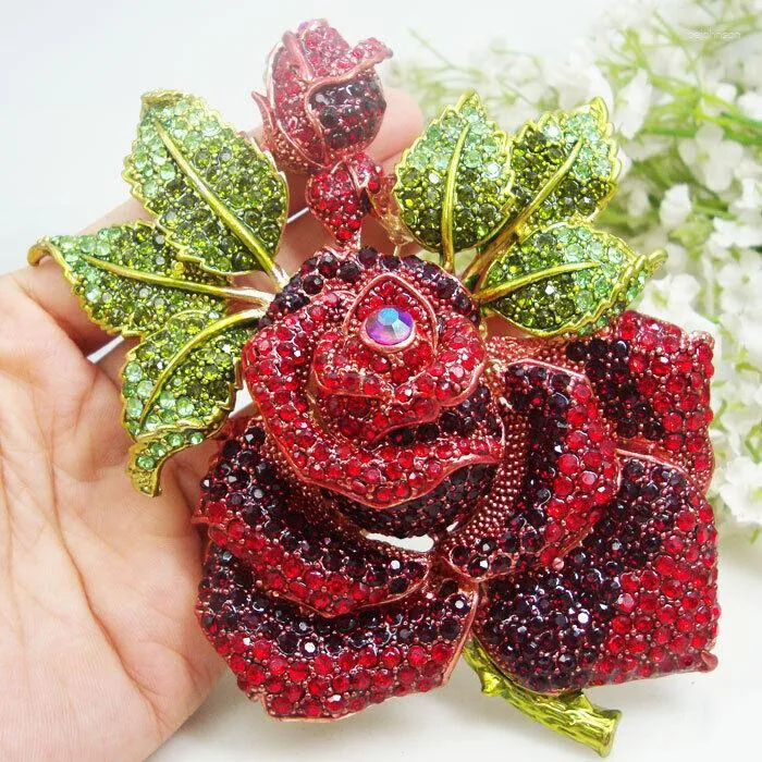 Brooches 5" Luxurious Red Rose Flower Leaf Crystal Woman's Brooch Pin Rhinestone Corsage