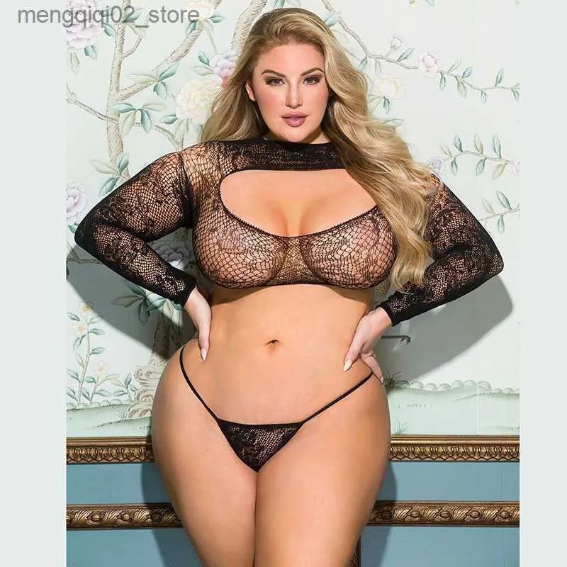 Bh-sets Comeondear Grote maten dameslingerieset Visnet Beha en panty met lange mouwen Mesh Sexy slipje Ondergoed Bh-set Q230922