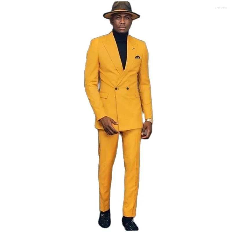 Ternos masculinos laranja sob medida 2 peças lapela repicada duplo breasted blazer jaqueta smoking baile de formatura festa palco terno casaco calça