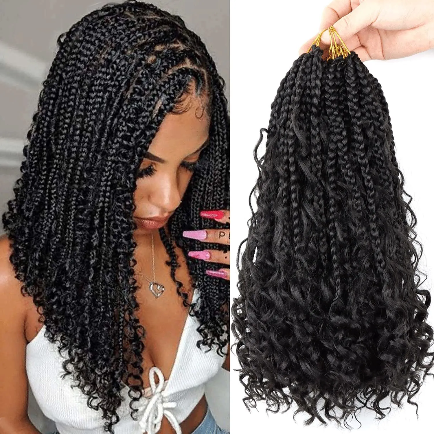 Human Hair Bulks Synthetic Goddess Box Braids Crochet Curly 12