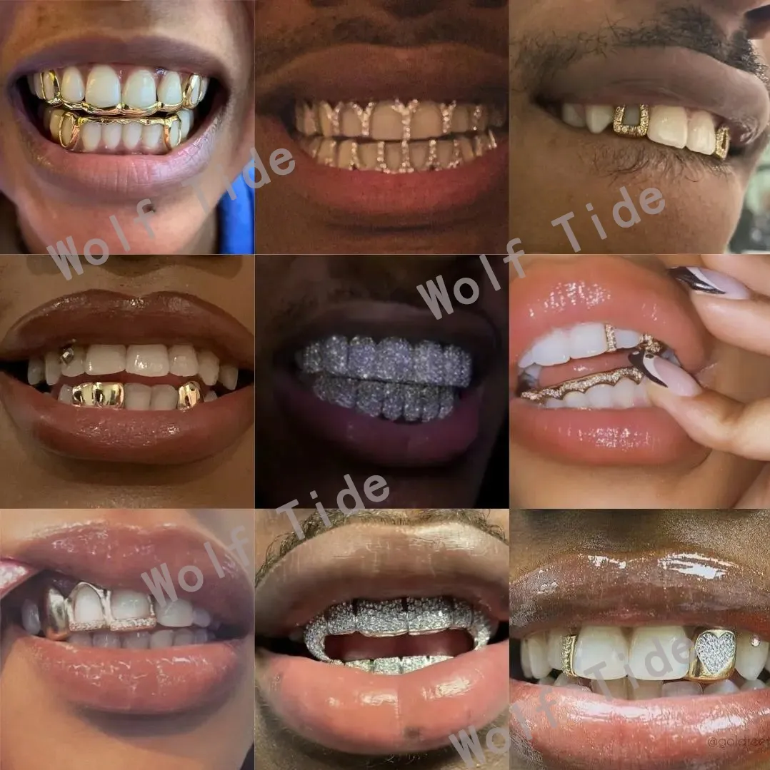 Bling Cross Denti da vampiro Fang Grillz Oro reale 18 carati Punk Hip Hop Diamanti cavi Griglie Bocca Bretelle Tappo per denti Rapper Gioielli per il corpo per Cosplay Festa in costume di Halloween