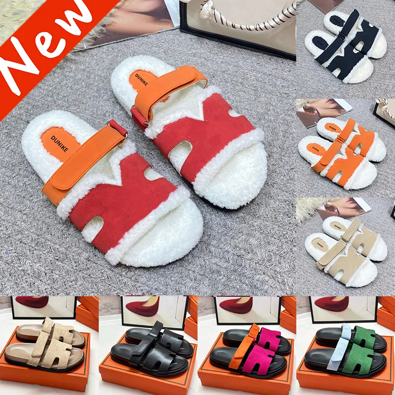 Designer Chypre Slippers Vrouwen bont Shearling slides Sandalen chypre sandaal pluizige schapenvacht sliders leer Canvas slide fuzzy Plush Luxe dames winterschoenen