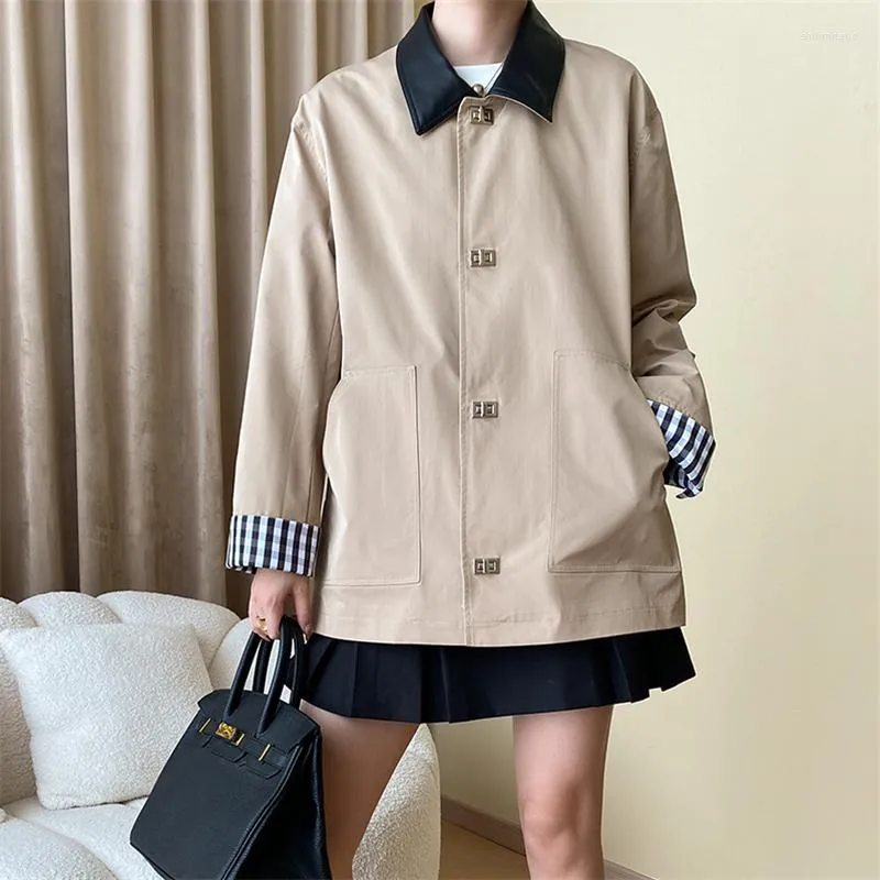 Women's Jackets Early Autumn Leather Lapel Single Breasted Trench Coat Khaki Mid Length Fashionable Patchwork Versatile Jacket For Women