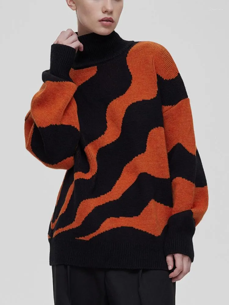 Kobiety swetry zimowe paski golfowe wydruku nadmierny pullover khaki pomarańczowy high kołnierz moda na dzianina dla kobiet