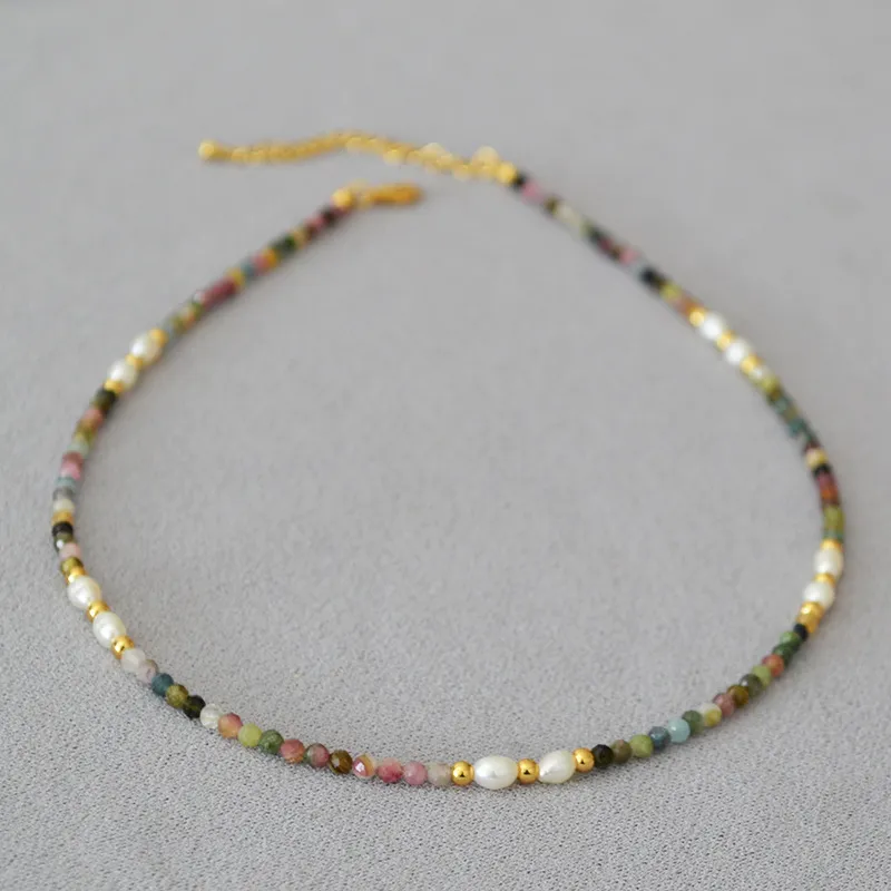 4mm retro color tourmaline white freshwater rice pearl beads simple versatile necklace clavicle chain female 40cm