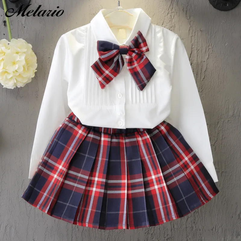 Kläder sätter danskläder Melario College Girls Dress Autumn Kids kläder Lång ärmskjortor och kjolar Bowknot Casual 3st Suits Student 230922