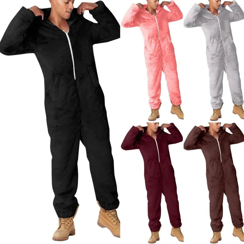 Men's Pants Men Warm Teddy Fleece Onesie Fluffy Sleep Lounge Adult Sleepwear One Piece Pyjamas Male Jumpsuits Hooded For