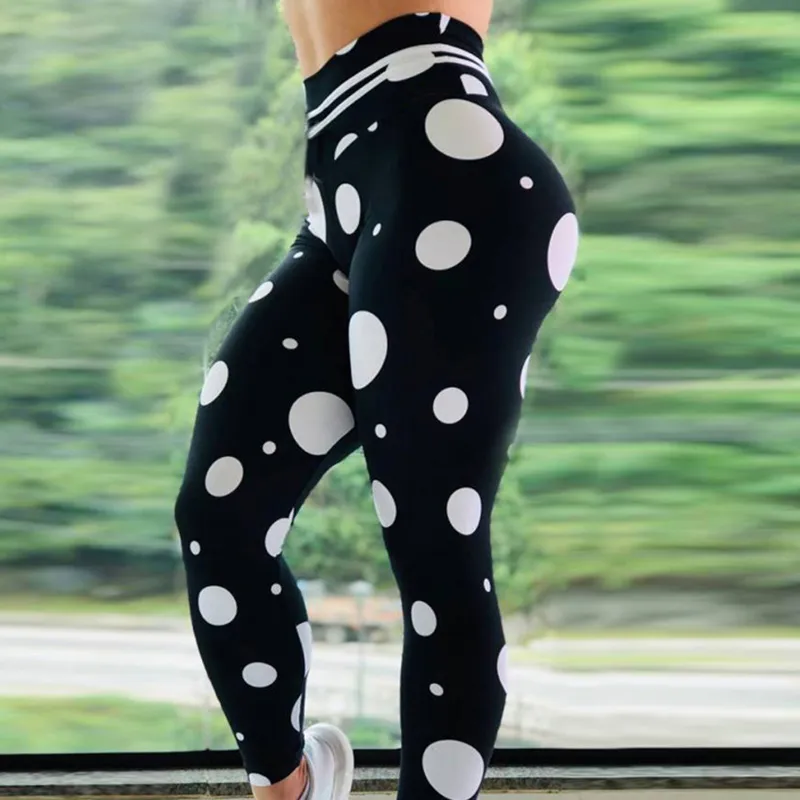 Gym noszenie szczupłe legginsy kobiety fitness biały druk kropki push up sport
