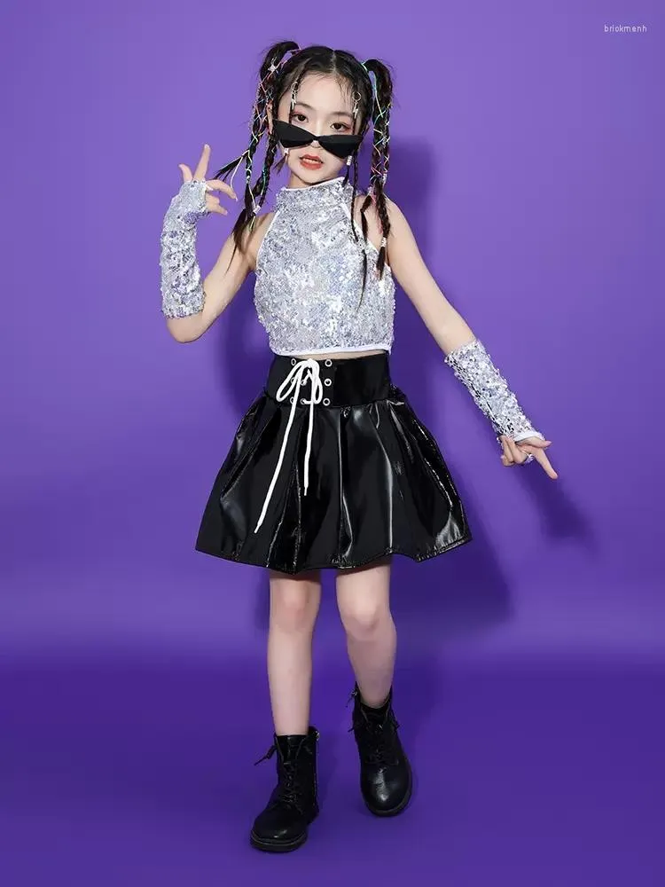 Stage Wear Children Jazz Dance Costume Silver Sequin Tops Black Leather Skirt For Girls Cheerleading Performance Clothes 10396