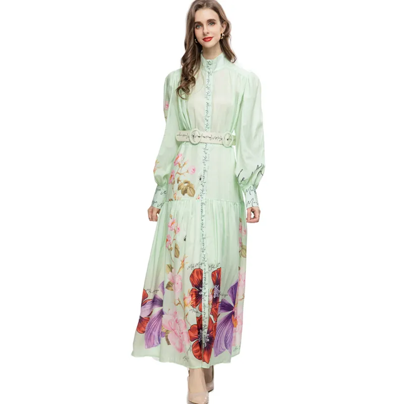 Robes de défilé pour femmes, col montant, manches longues Lanern, imprimé Floral, ligne A, robes Maxi élégantes avec ceinture