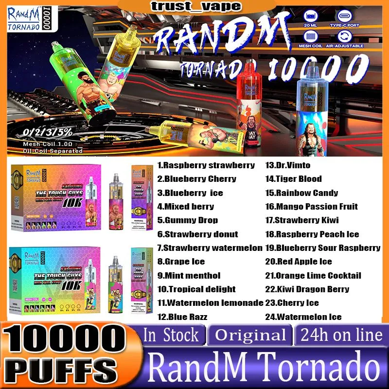 Original RandM Tornado 10000 Puffs E Cigarette Puffs 10000 Caneta Vape Descartável Com Bateria Recarregável Controle de Fluxo de Ar Bobina de Malha 20ml Pod Pré-preenchido 10K Big Vapo