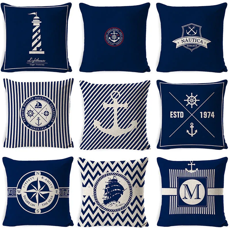 Partihandel Ocean Tool Ship Anchor Compass Segelbåt Kastkuddtäcke med blixtlåslinne kudde hem soffa dekor leveranser 45x45cm