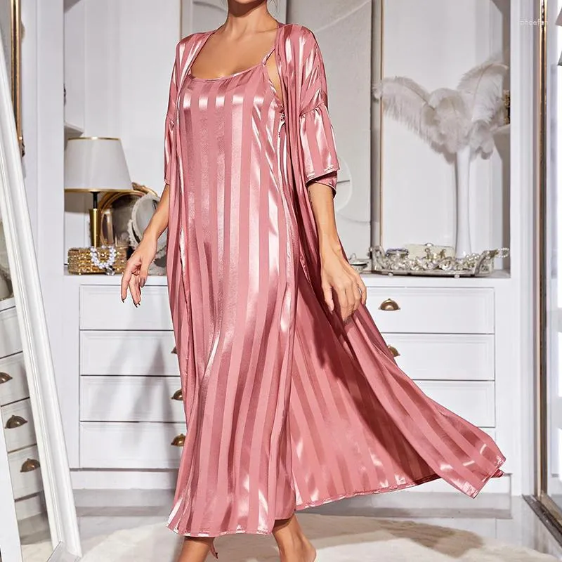 Women's Sleepwear 2PCS/Sets Women Silk Sheer Long Nightdress Gowns Robe Loose Causal Loungewear Tracksuits Pajamas Bathrobes Dress