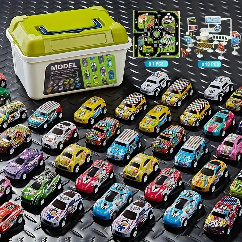 Diecast modelo liga brinquedo conjunto com caixa de armazenamento puxar para trás playmat sinais de estrada carro para meninos crianças presente de natal 230922