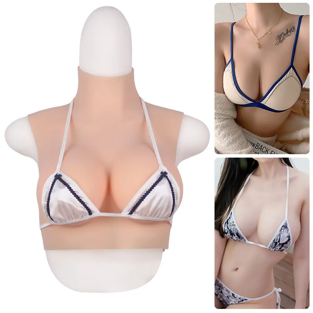 Realistic Silicone Breastplate High Collar BH Cup Fake Breasts Artificial  Breast Forms for Drag Queen Transgender Cosplay(Size:F Cup,Color:Color 3)