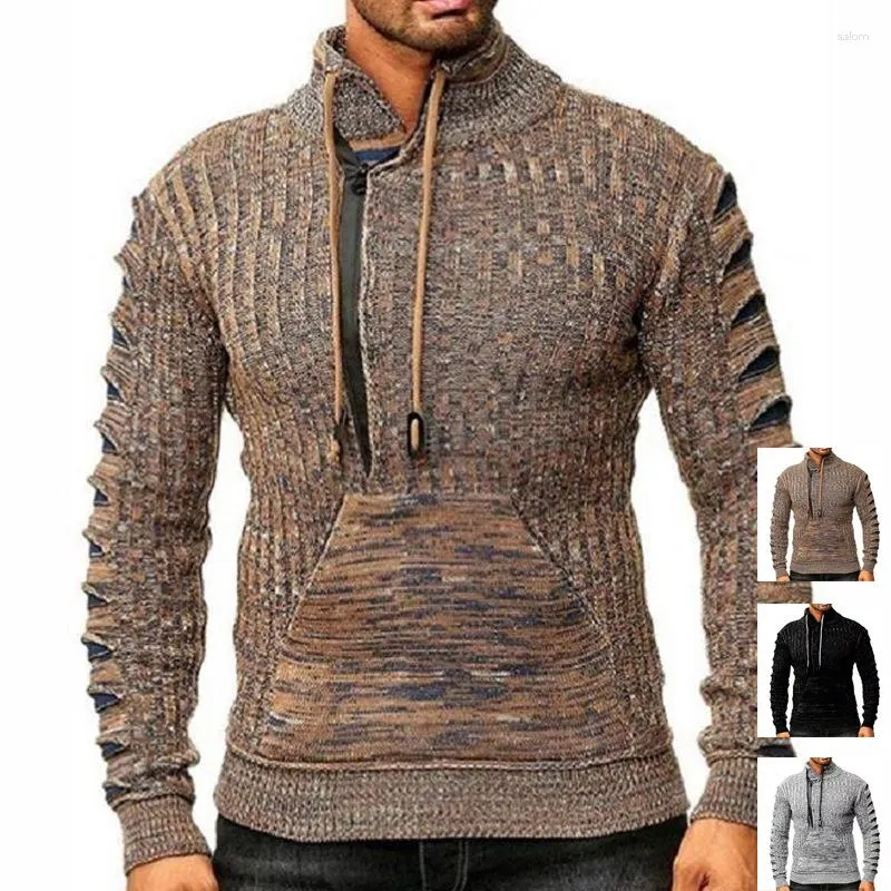 Camisolas masculinas homens camisola de malha casual jacquard zip polo cardigan jaqueta inverno mock pescoço pulôver roupas masculinas