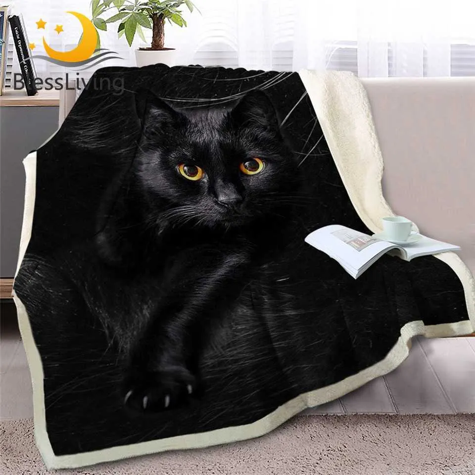 Filtar Blessliving Black Cat Throw Filt på soffan 3D Animal Plush Sherpa filt Lovely Pet BedleDs Pälstryck Thin Quilt 150x200cm HKD230922