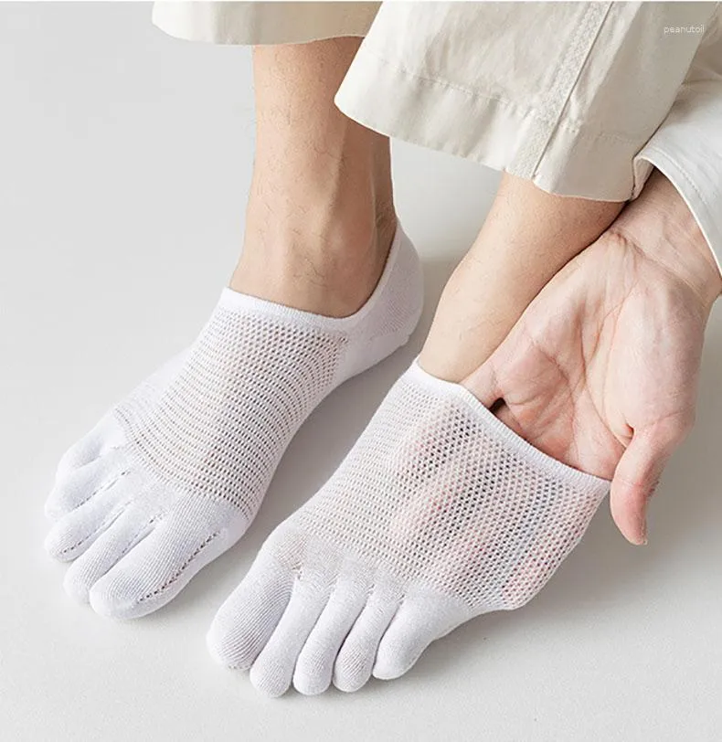 Meias masculinas cinco dedos malha sólida verão fino respirável invisível split toe antiderrapante silicone algodão curto