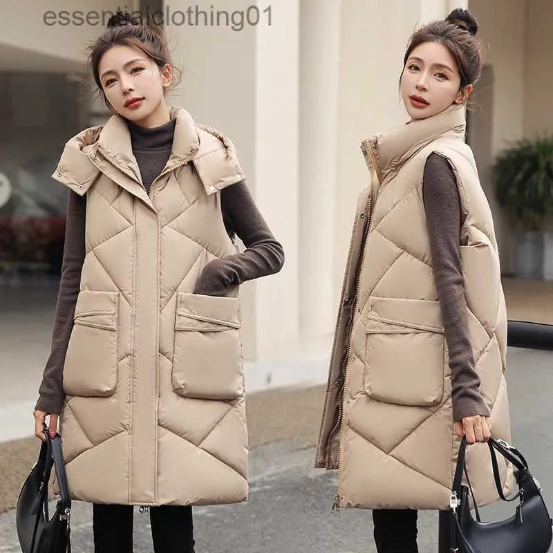 Coletes femininos outono inverno novo comprimento médio grande bolso tanque superior engrossado colete com capuz chapéu casaco destacável colete de algodão moda feminina l230922