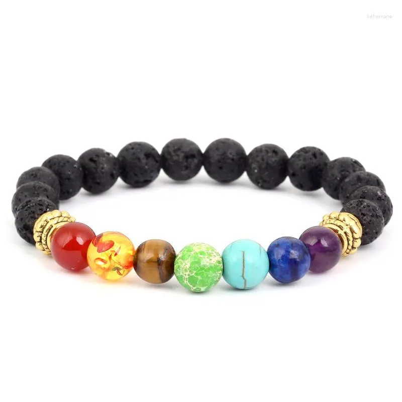 Strand Verkoop Zeven Chakra Armband Legering Lava-rock Energie Yoga Vrouwen Natuursteen 12 stks/partij