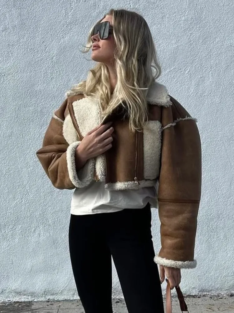 ムートン・ファーコート Plain Textured Brown Tibet Fur Short Jacket Women Winter Warm Fluffy Fur Jacket Ladies Solid Color Big