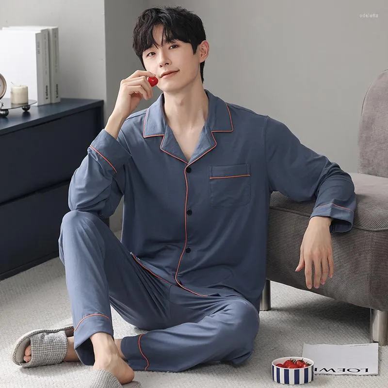 Mens Sleepwear Soft Breathable Cotton Pajamas Men Sleeve Lapel